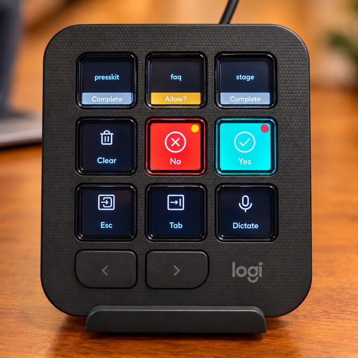 Claude Console on the MX Creative Keypad: three session keys reading presskit Complete, faq Allow? and stage Complete; a red No key and a cyan Yes key, each with a badge; Clear, Esc, Tab and Dictate keys below.